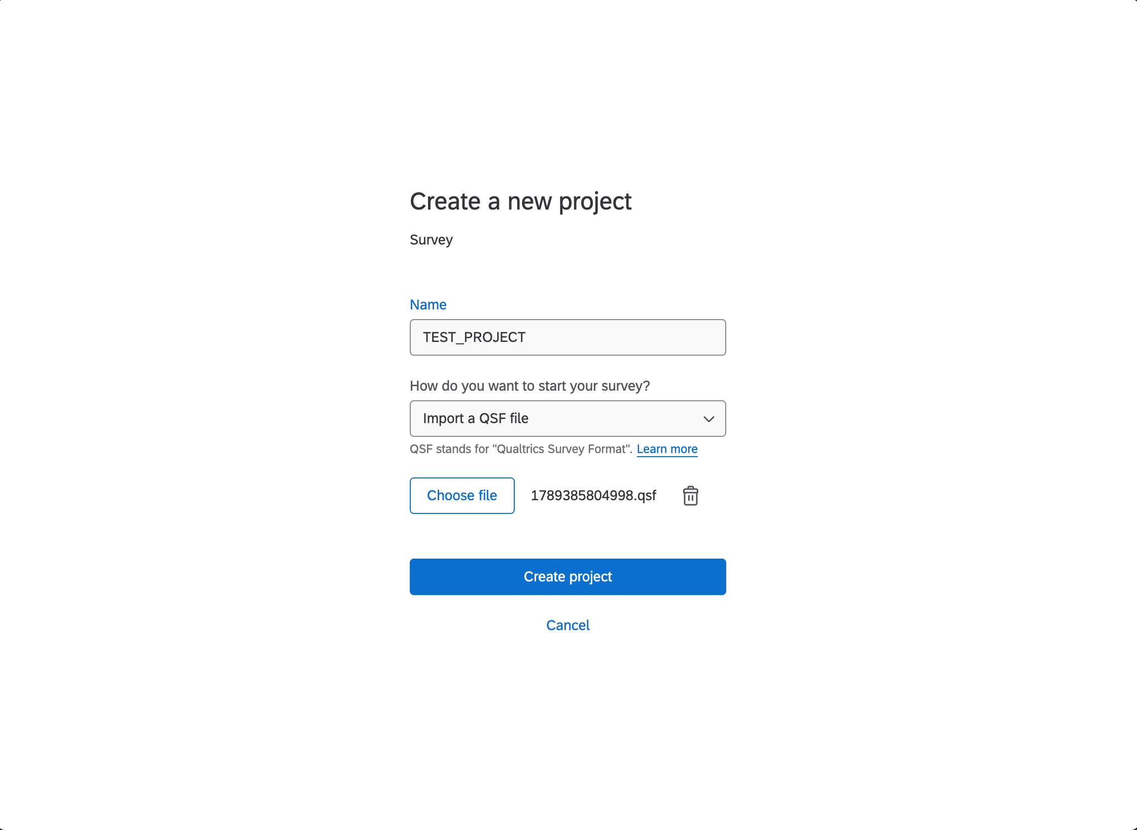 Create a project or upload a QSF file